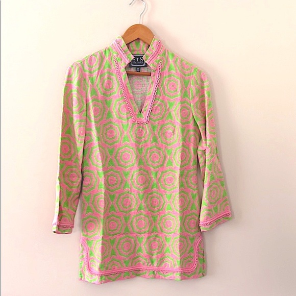 Sail to Sable 100% Linen V Neck Trim Embroidered Tunic Long Sleeve Pink Size XS - Picture 2 of 11